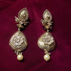 Gold-Tone Floral Teardrop Dangle Earrings with Pearled Drop